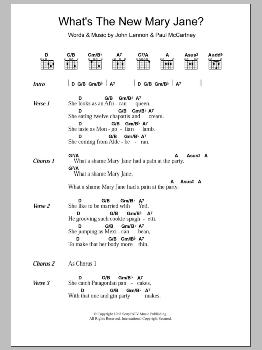 Download The Beatles What's The New Mary Jane? Sheet Music and learn how to play Lyrics & Chords PDF digital score in minutes