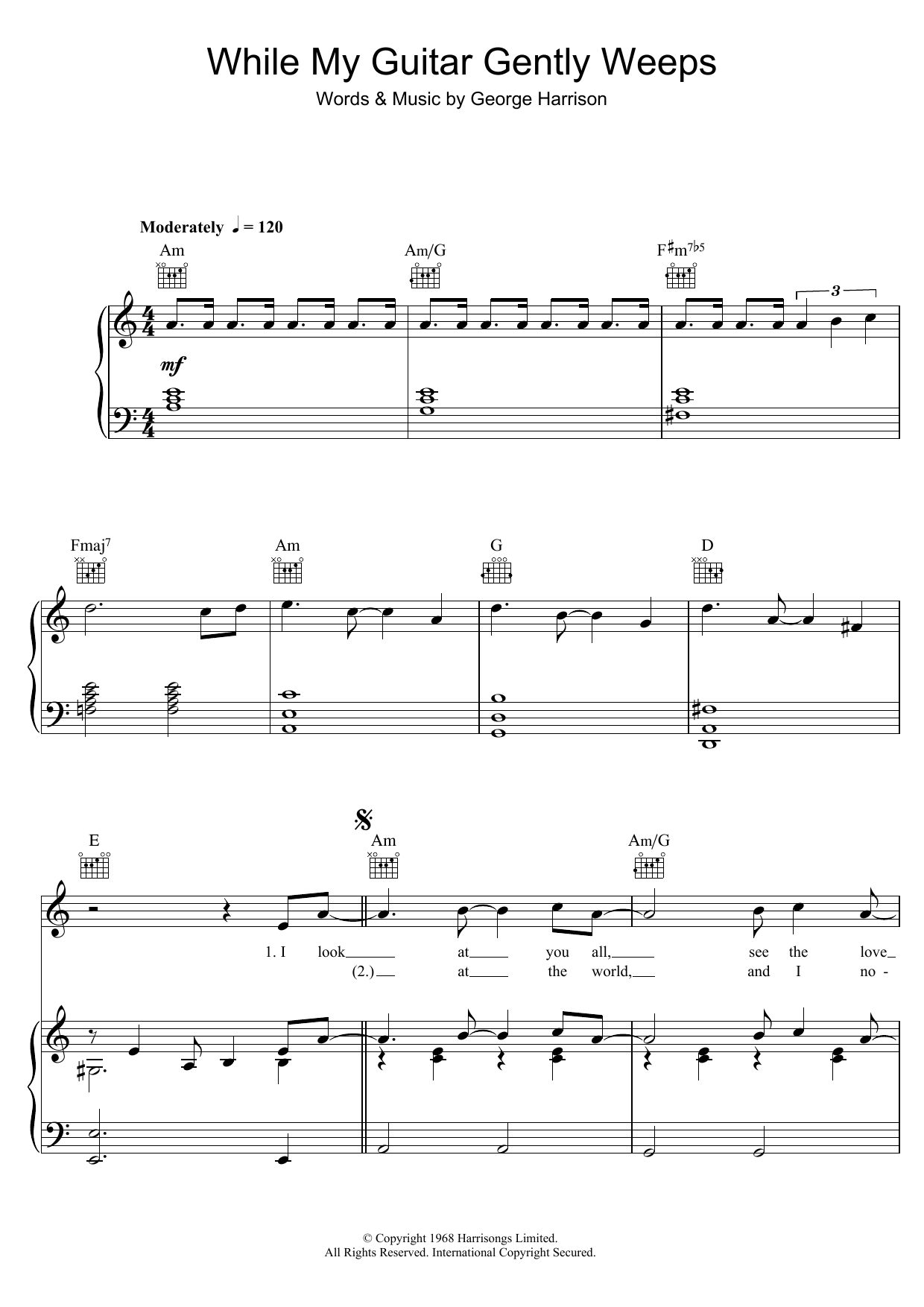 Download The Beatles While My Guitar Gently Weeps Sheet Music and learn how to play Melody Line, Lyrics & Chords PDF digital score in minutes