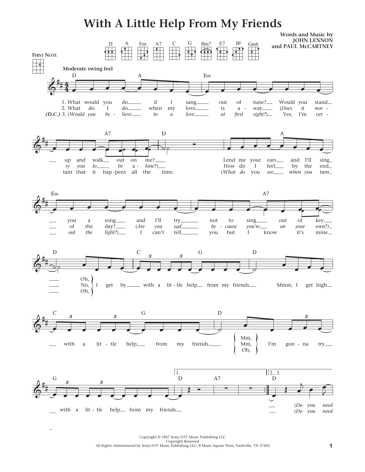 Download The Beatles With A Little Help From My Friends Sheet Music and learn how to play Ukulele PDF digital score in minutes