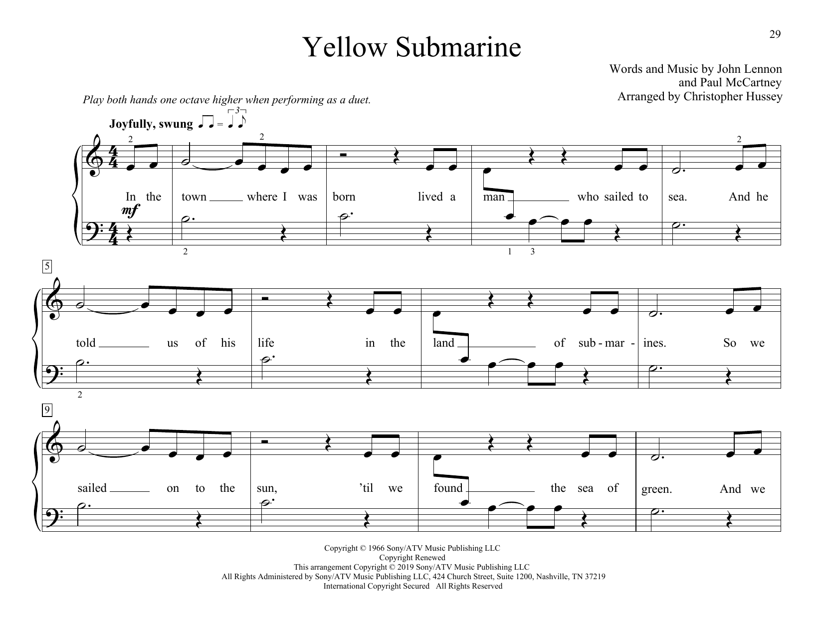 Download The Beatles Yellow Submarine (arr. Christopher Hussey) Sheet Music and learn how to play Piano Duet PDF digital score in minutes