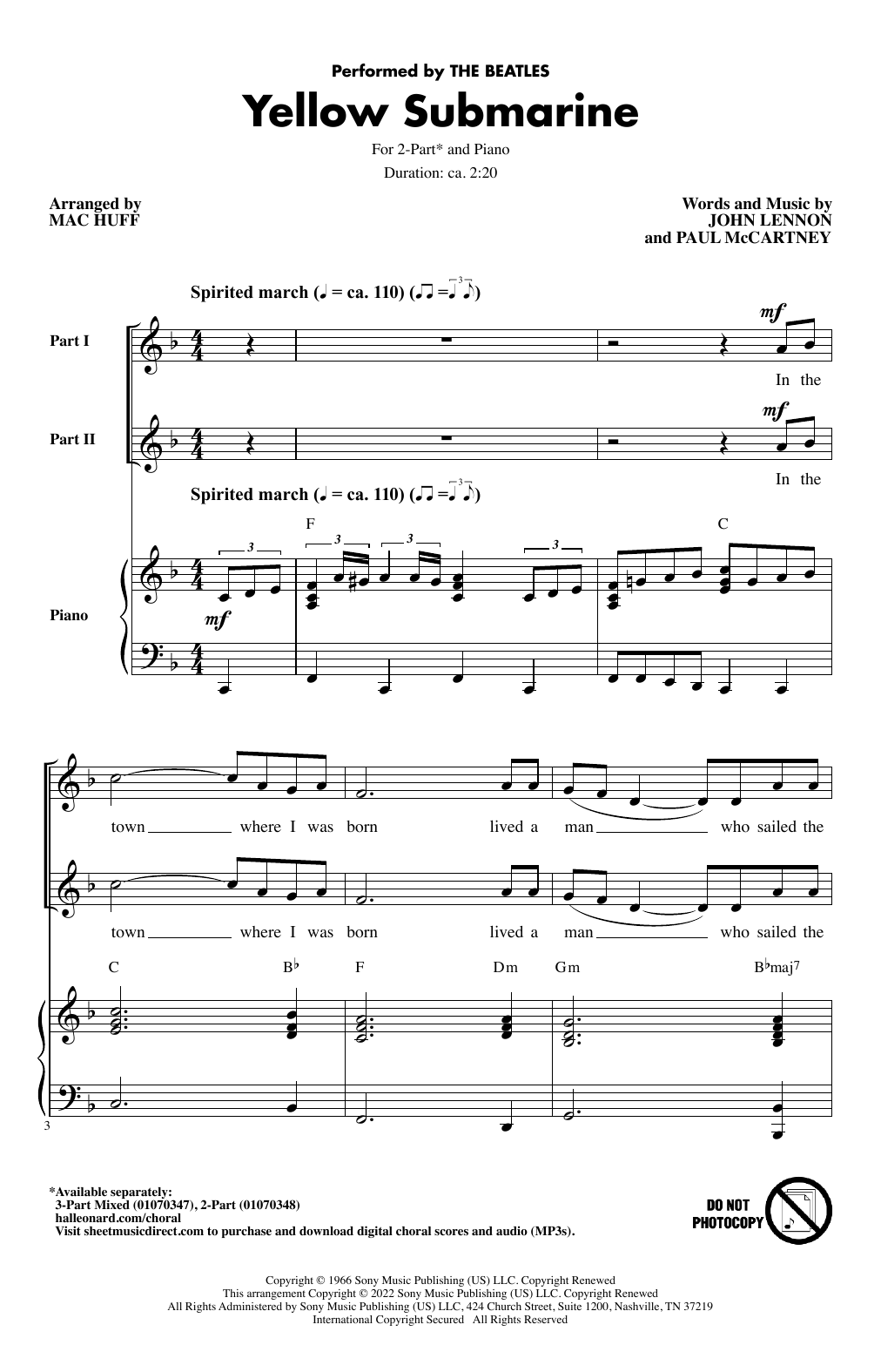 Download The Beatles Yellow Submarine (arr. Mac Huff) Sheet Music and learn how to play 2-Part Choir PDF digital score in minutes