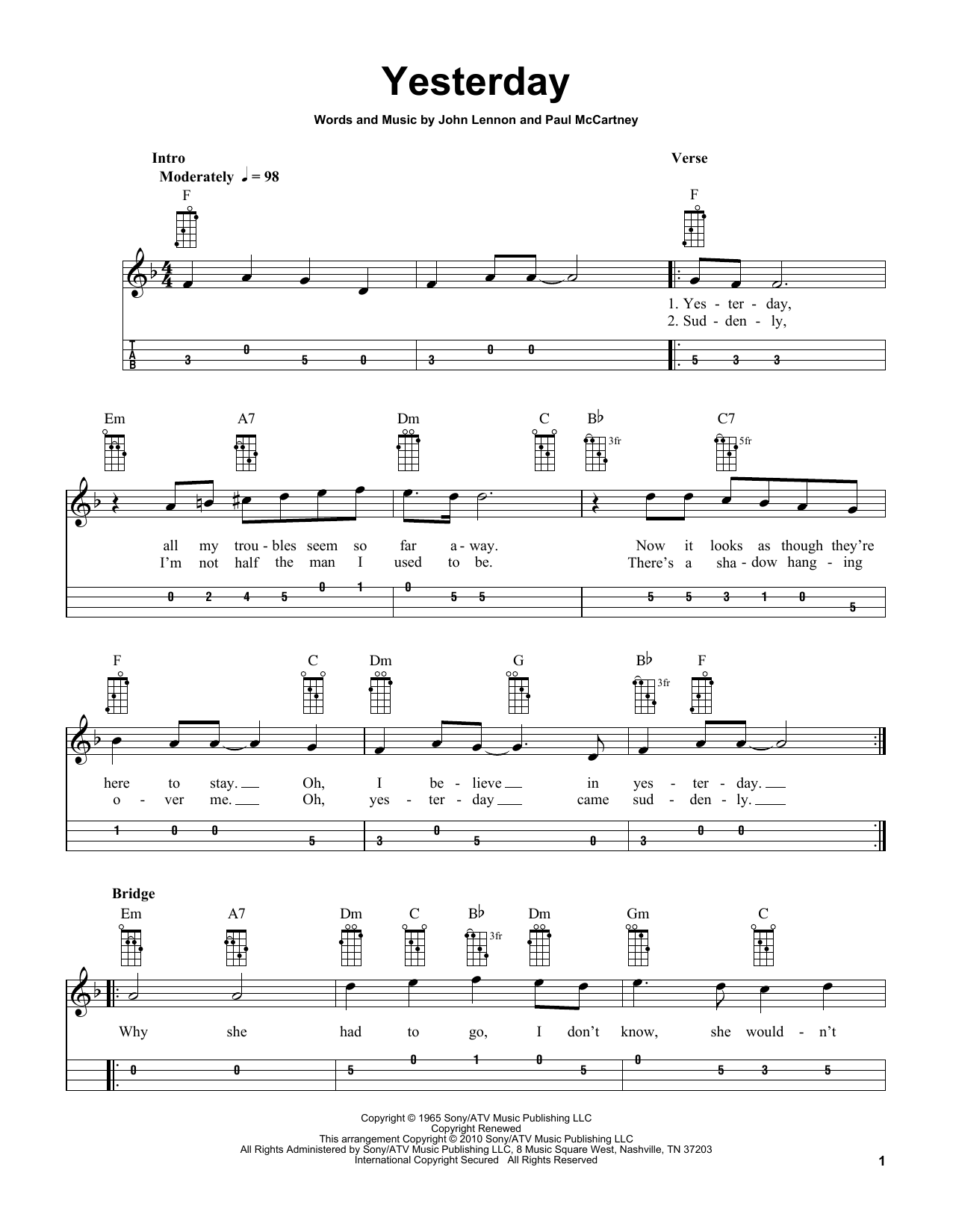 Download The Beatles Yesterday (arr. Bobby Westfall) Sheet Music and learn how to play Mandolin PDF digital score in minutes