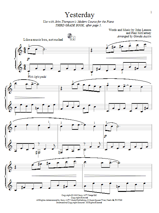 Download The Beatles Yesterday Sheet Music and learn how to play Easy Piano PDF digital score in minutes