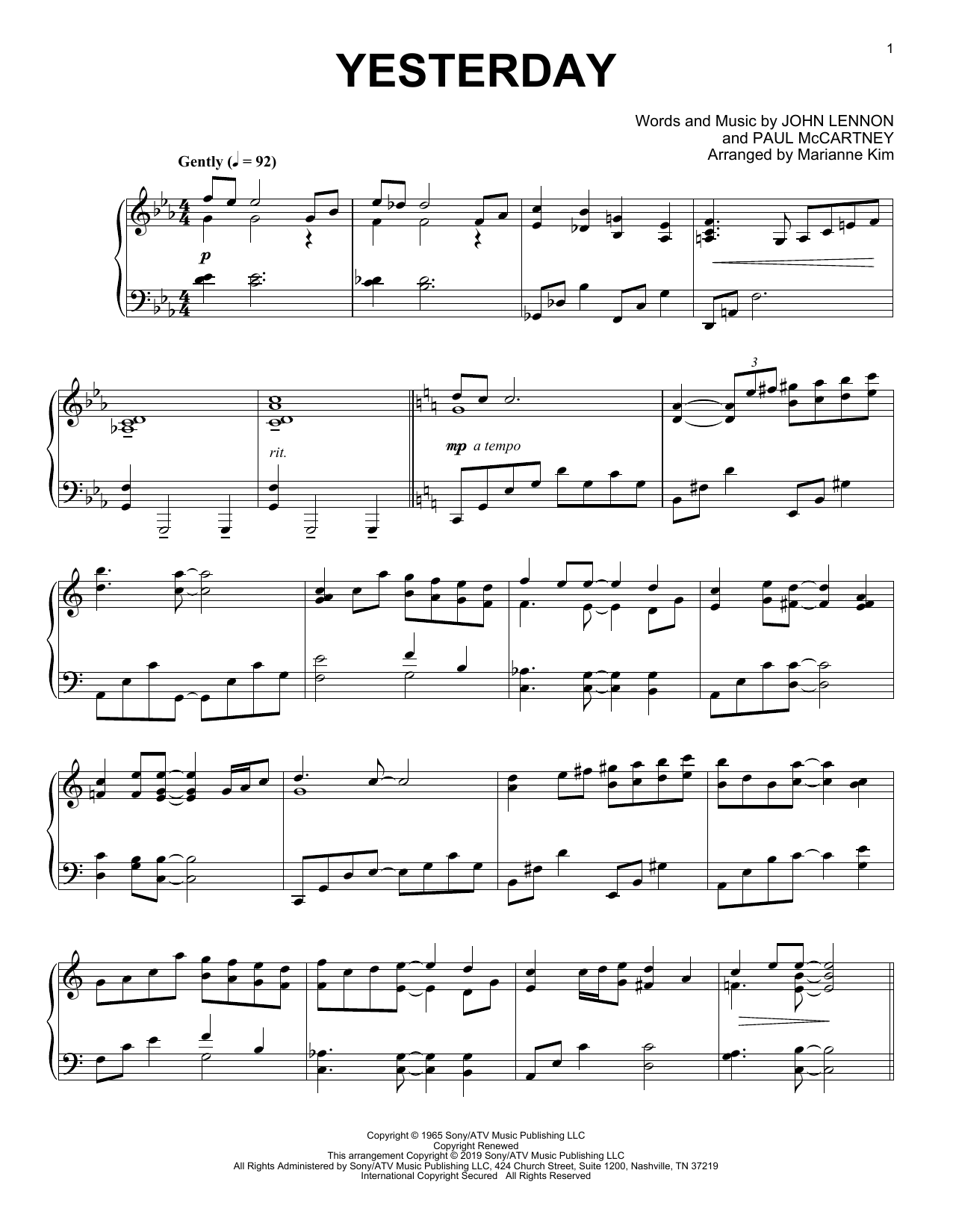 Download The Beatles Yesterday (arr. Marianne Kim) Sheet Music and learn how to play Piano Solo PDF digital score in minutes