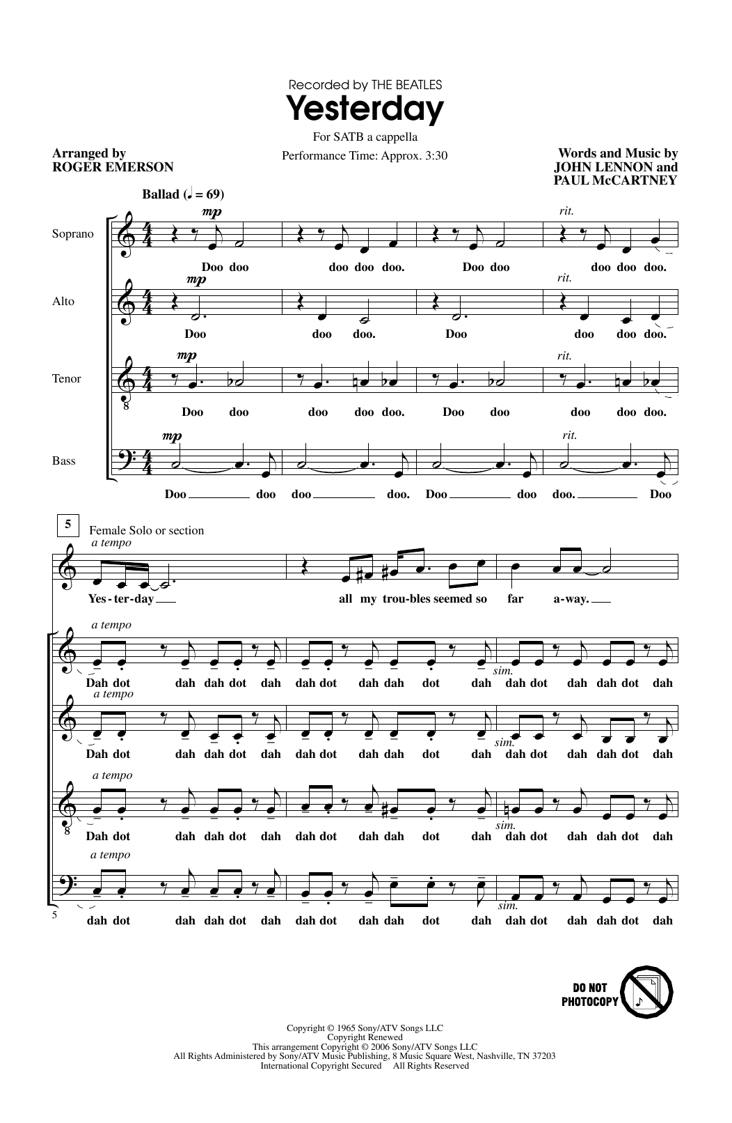 Download The Beatles Yesterday (arr. Roger Emerson) Sheet Music and learn how to play SATB Choir PDF digital score in minutes
