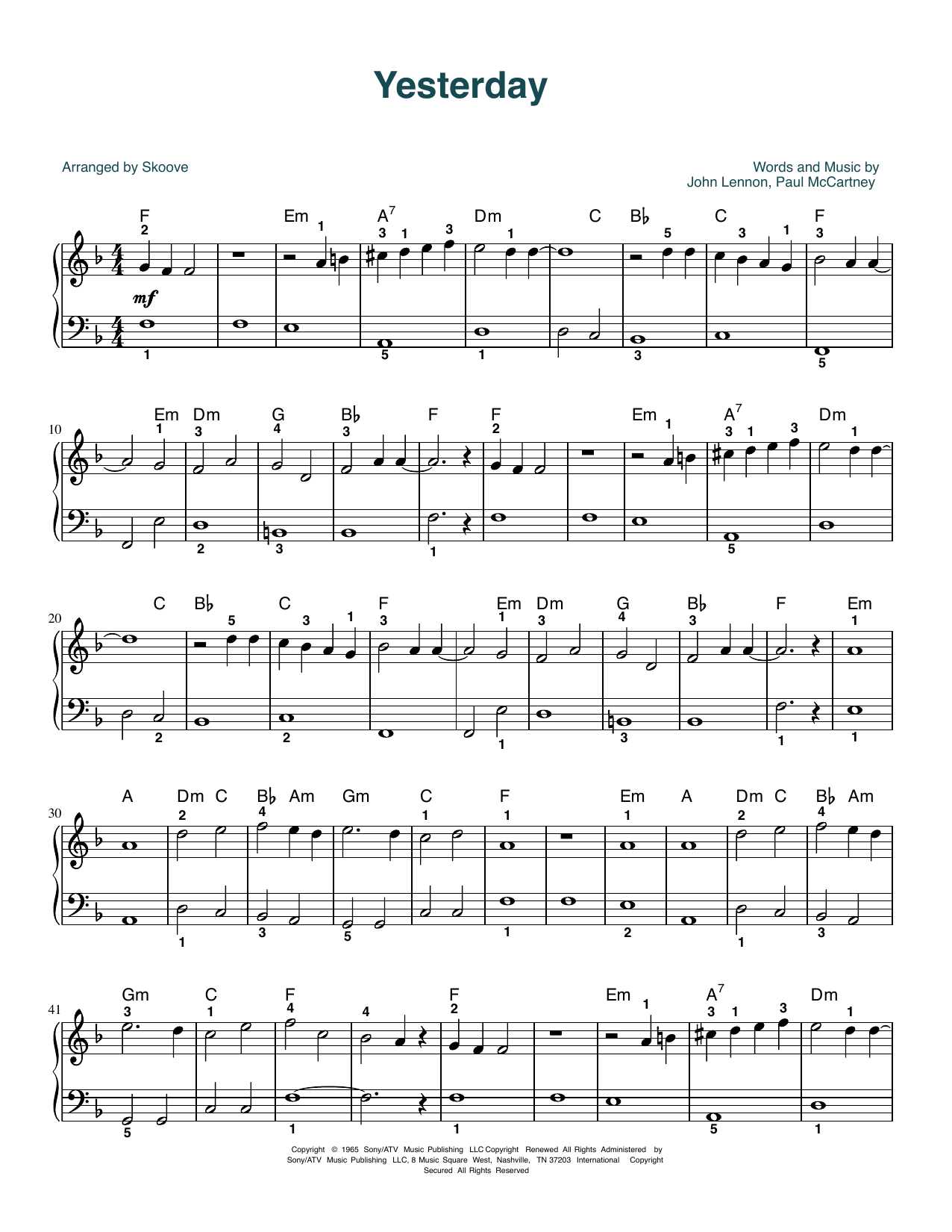 Download The Beatles Yesterday (arr. Skoove) Sheet Music and learn how to play Easy Piano PDF digital score in minutes