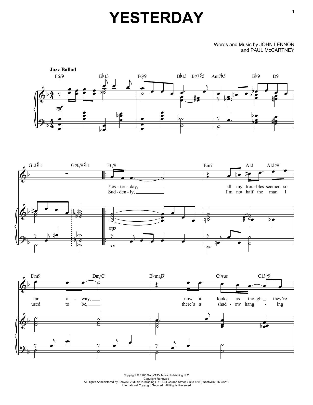 Download The Beatles Yesterday [Jazz version] (arr. Brent Edstrom) Sheet Music and learn how to play Piano & Vocal PDF digital score in minutes
