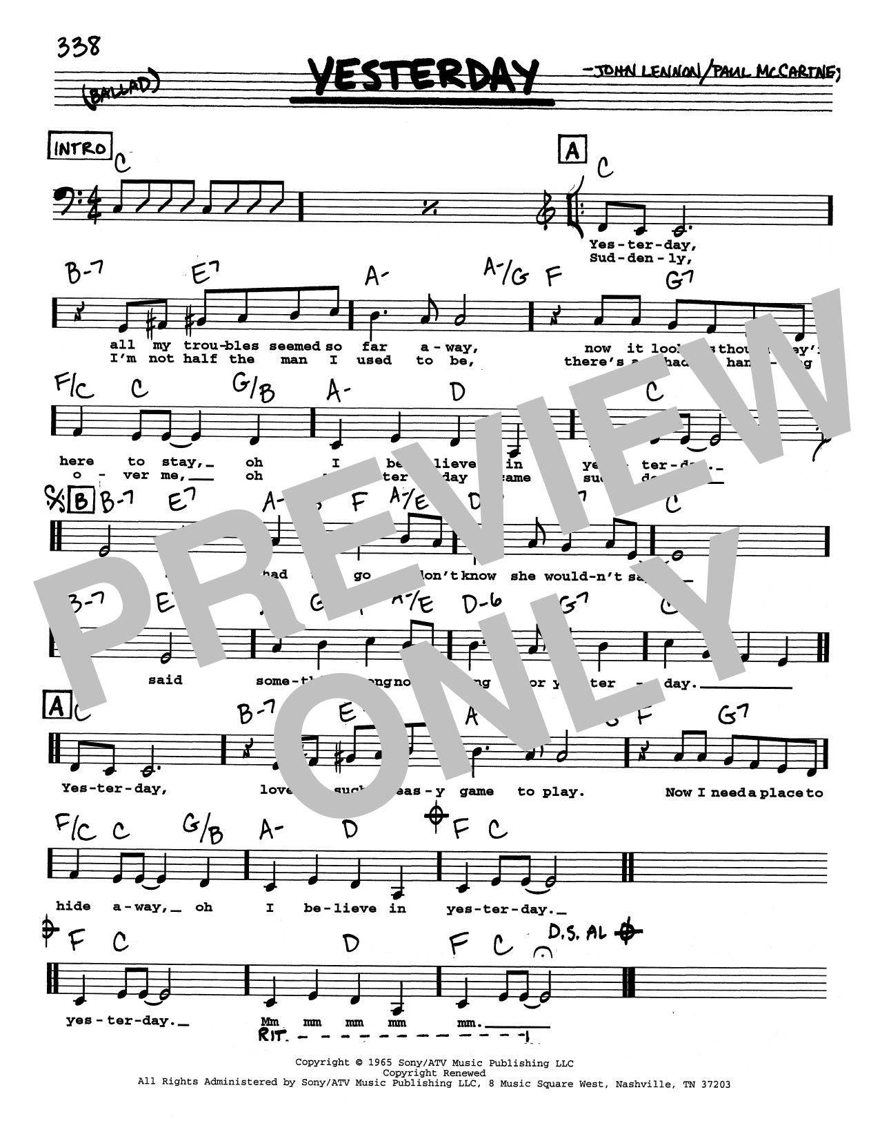 Download The Beatles Yesterday (Low Voice) Sheet Music and learn how to play Real Book – Melody, Lyrics & Chords PDF digital score in minutes