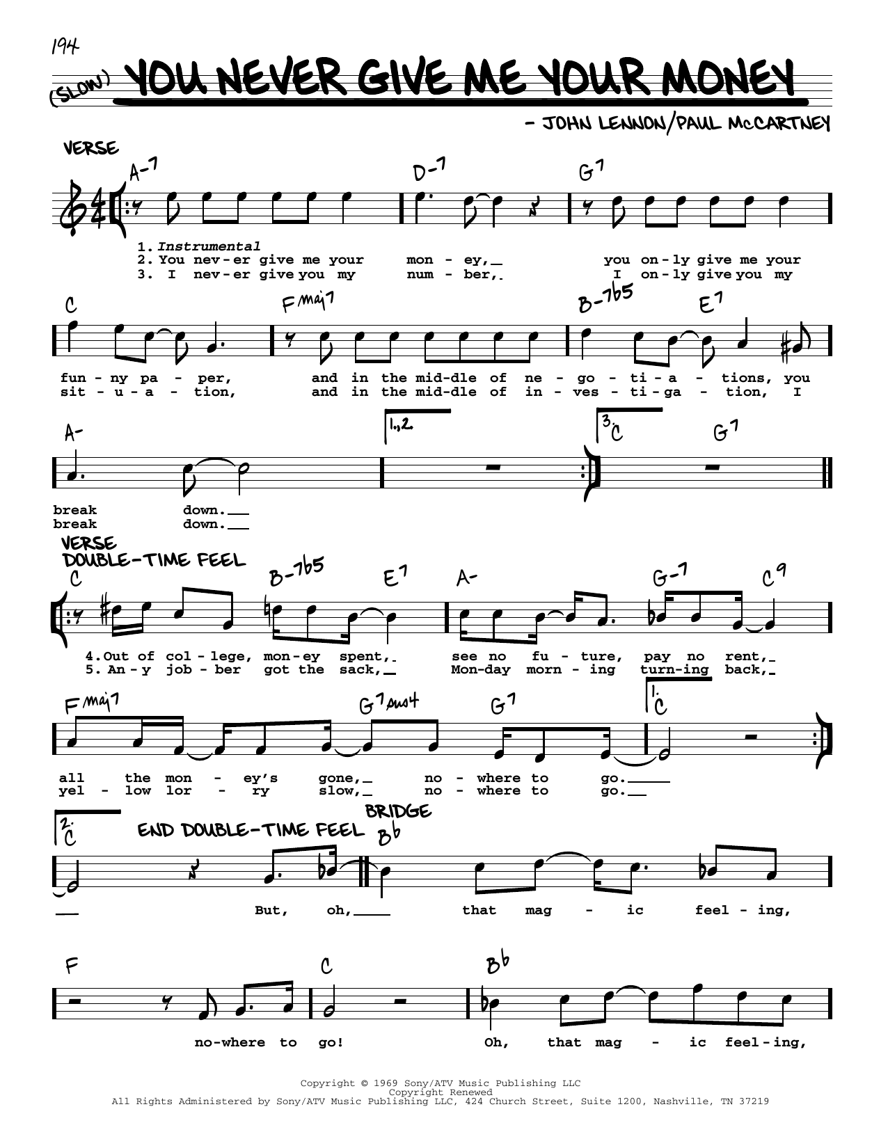 Download The Beatles You Never Give Me Your Money [Jazz version] Sheet Music and learn how to play Real Book – Melody, Lyrics & Chords PDF digital score in minutes