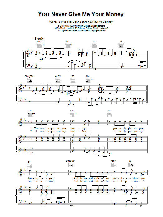 Download The Beatles You Never Give Me Your Money Sheet Music and learn how to play Piano, Vocal & Guitar (Right-Hand Melody) PDF digital score in minutes