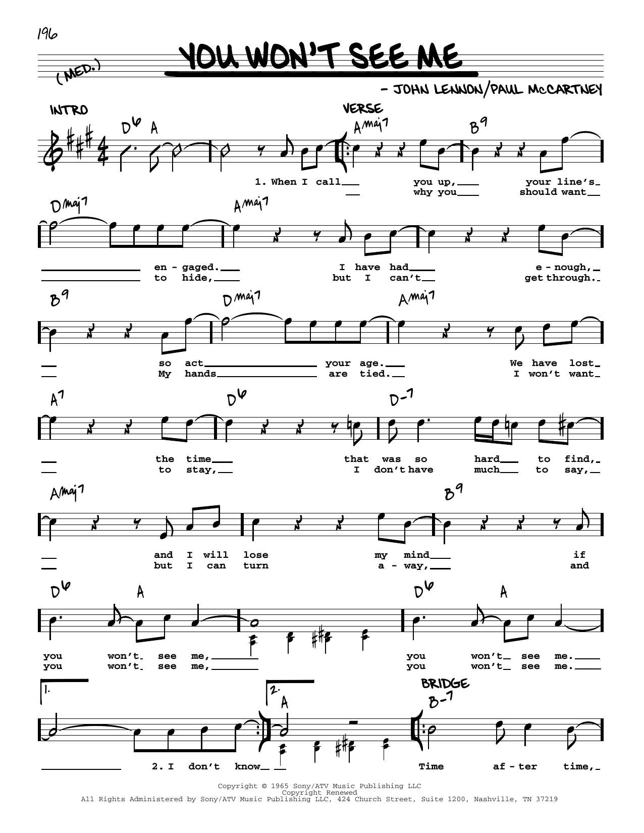 Download The Beatles You Won't See Me [Jazz version] Sheet Music and learn how to play Real Book – Melody, Lyrics & Chords PDF digital score in minutes