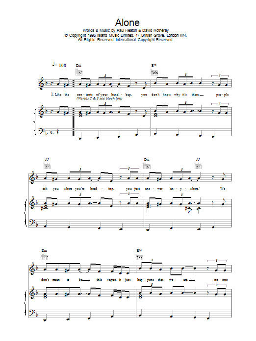 Download The Beautiful South Alone Sheet Music and learn how to play Piano, Vocal & Guitar (Right-Hand Melody) PDF digital score in minutes