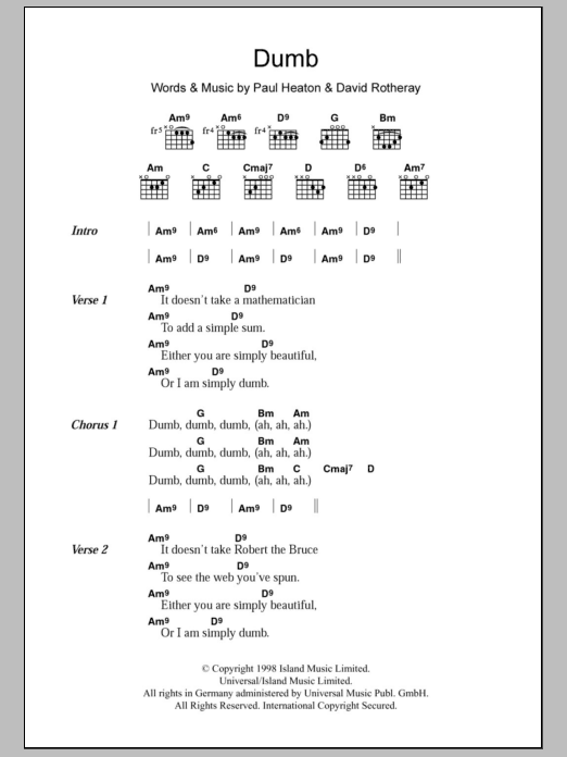 Download The Beautiful South Dumb Sheet Music and learn how to play Lyrics & Chords PDF digital score in minutes
