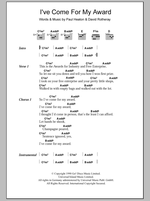 Download The Beautiful South I've Come For My Award Sheet Music and learn how to play Lyrics & Chords PDF digital score in minutes