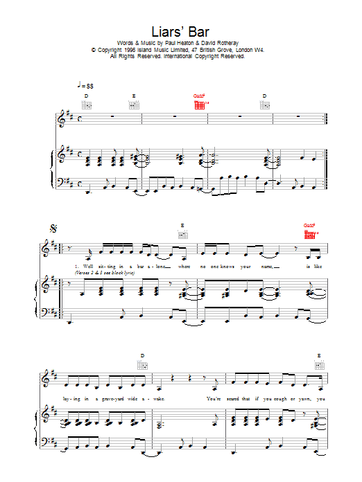 Download The Beautiful South Liar's Bar Sheet Music and learn how to play Piano, Vocal & Guitar (Right-Hand Melody) PDF digital score in minutes