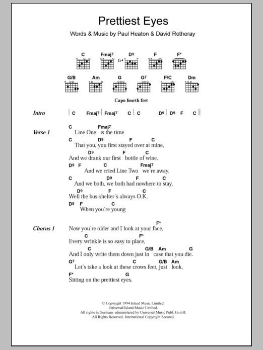 Download The Beautiful South Prettiest Eyes Sheet Music and learn how to play Lyrics & Chords PDF digital score in minutes