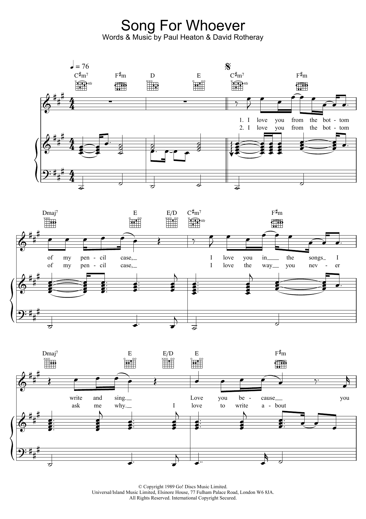 Download The Beautiful South Song For Whoever Sheet Music and learn how to play Piano, Vocal & Guitar PDF digital score in minutes