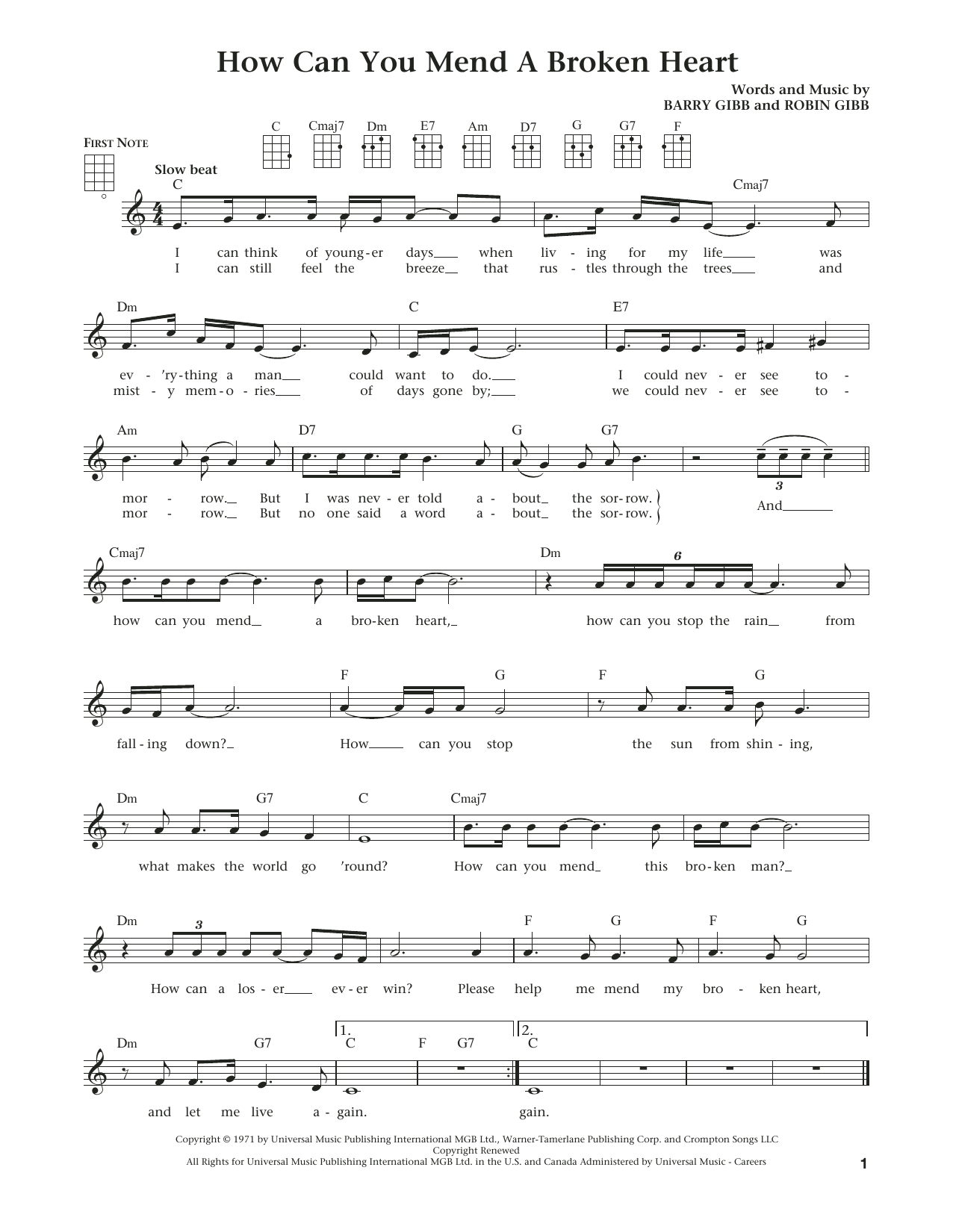 Download The Bee Gees How Can You Mend A Broken Heart Sheet Music and learn how to play Ukulele PDF digital score in minutes