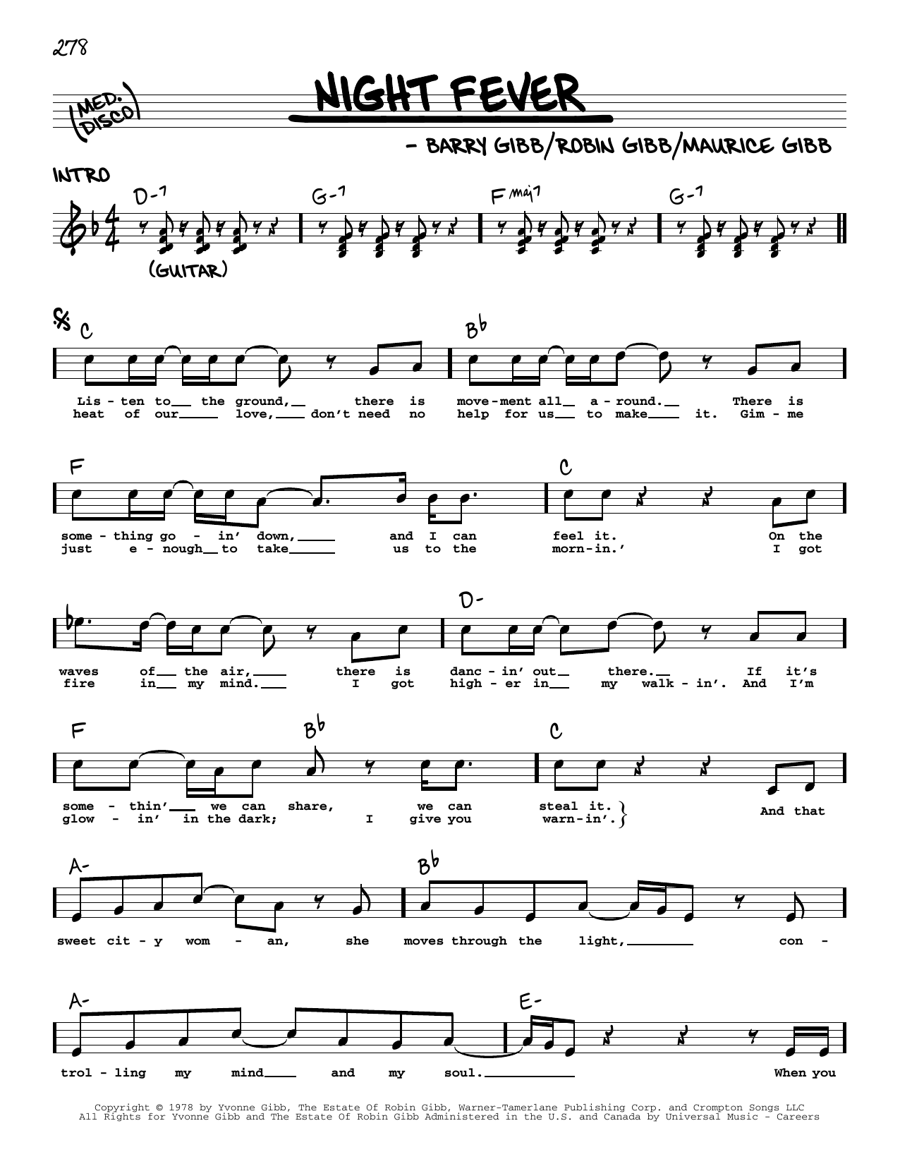 Download The Bee Gees Night Fever Sheet Music and learn how to play Real Book – Melody, Lyrics & Chords PDF digital score in minutes