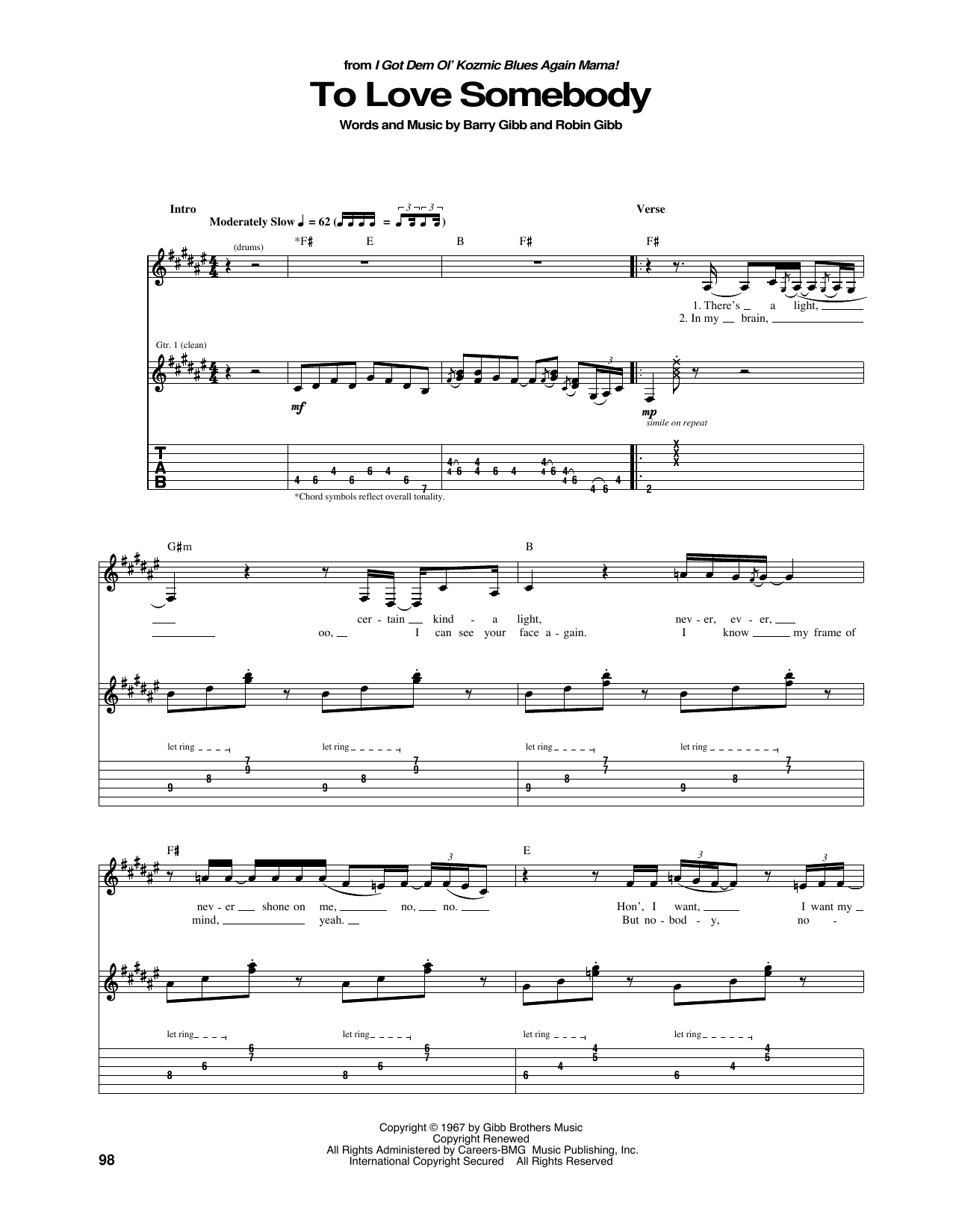 Download The Bee Gees To Love Somebody Sheet Music and learn how to play Guitar Tab PDF digital score in minutes