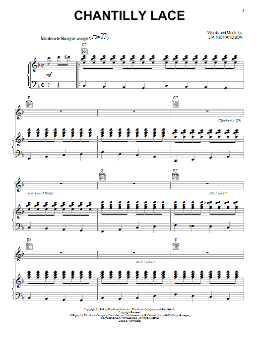 Download Jerry Lee Lewis Chantilly Lace Sheet Music and learn how to play Piano, Vocal & Guitar (Right-Hand Melody) PDF digital score in minutes