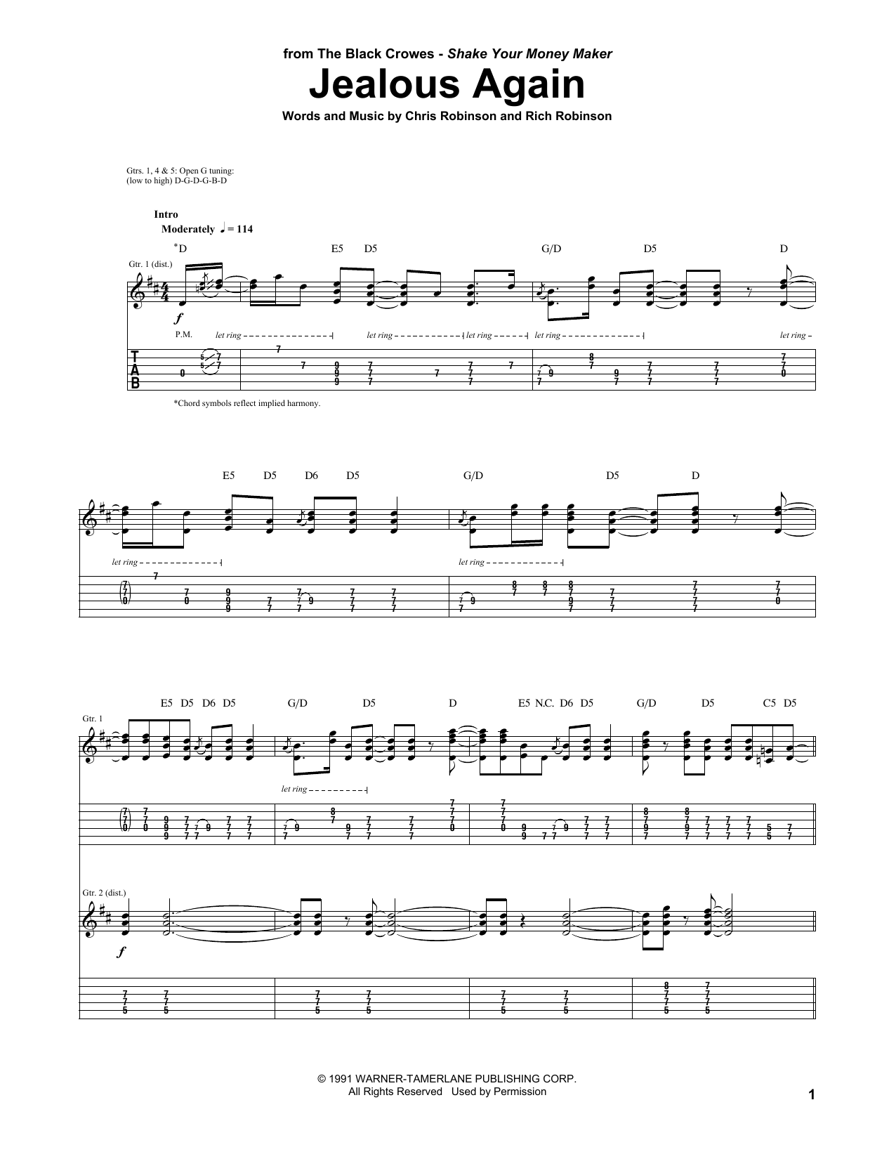 Download Black Crowes Jealous Again Sheet Music and learn how to play Guitar Tab PDF digital score in minutes