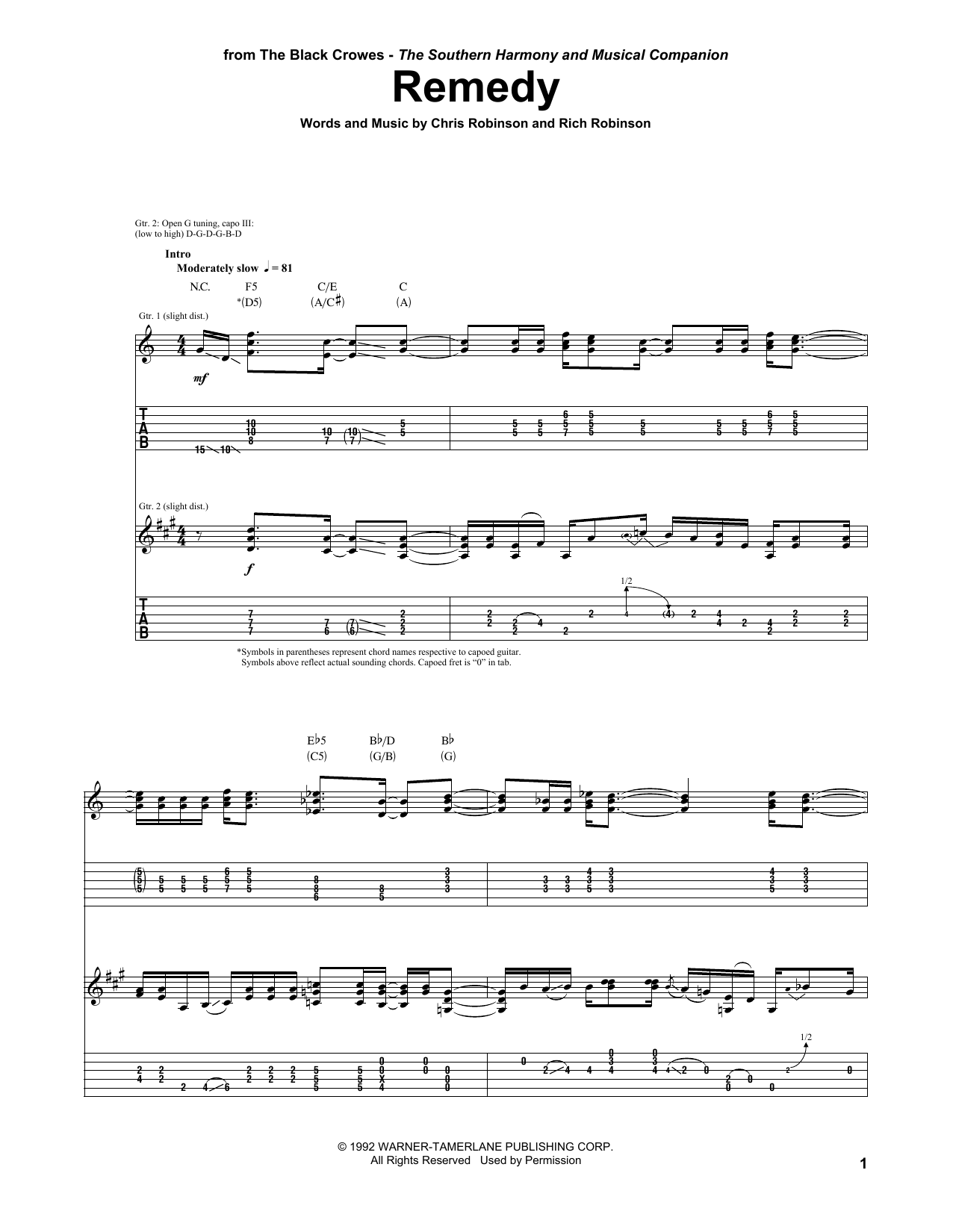 Download The Black Crowes Remedy Sheet Music and learn how to play Guitar Tab PDF digital score in minutes