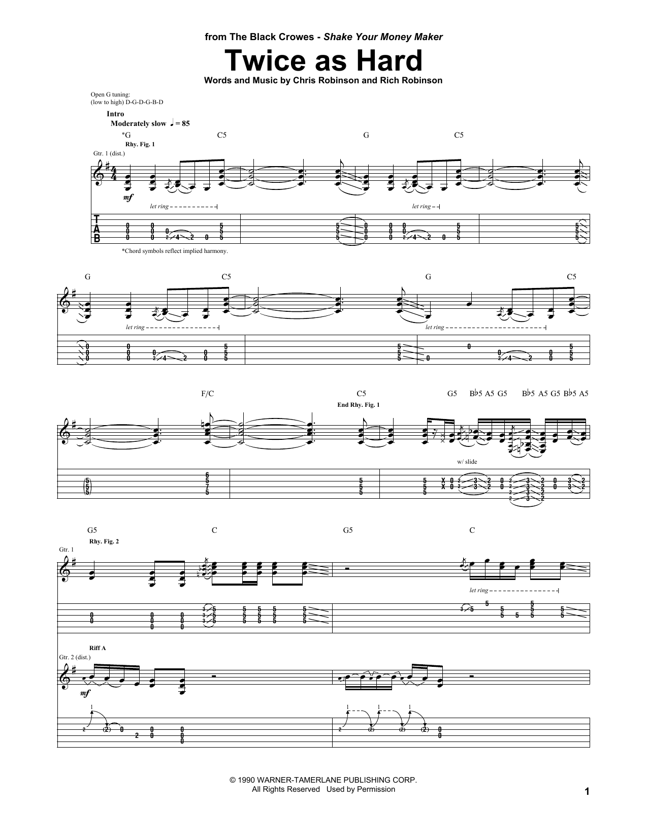 Download Black Crowes Twice As Hard Sheet Music and learn how to play Guitar Tab PDF digital score in minutes