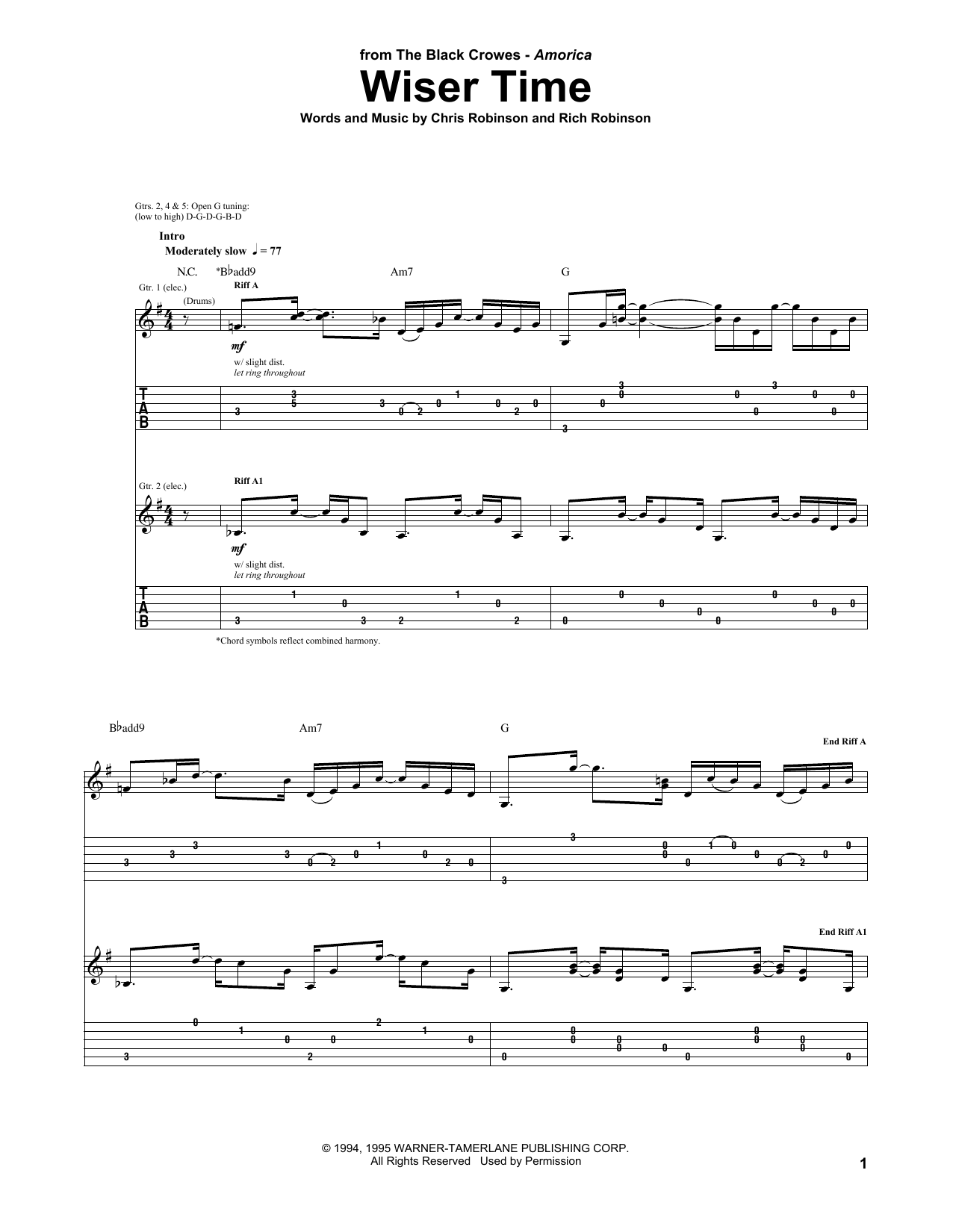 Download The Black Crowes Wiser Time Sheet Music and learn how to play Guitar Tab PDF digital score in minutes