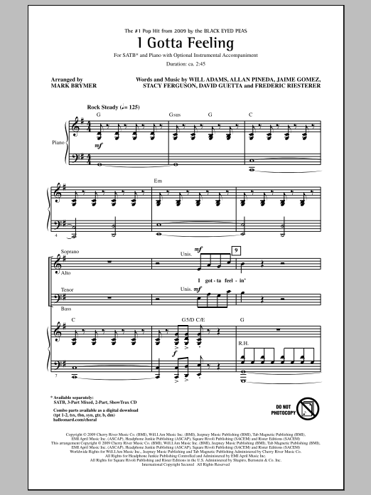 Download The Black Eyed Peas I Gotta Feeling (arr. Mark Brymer) Sheet Music and learn how to play SATB Choir PDF digital score in minutes