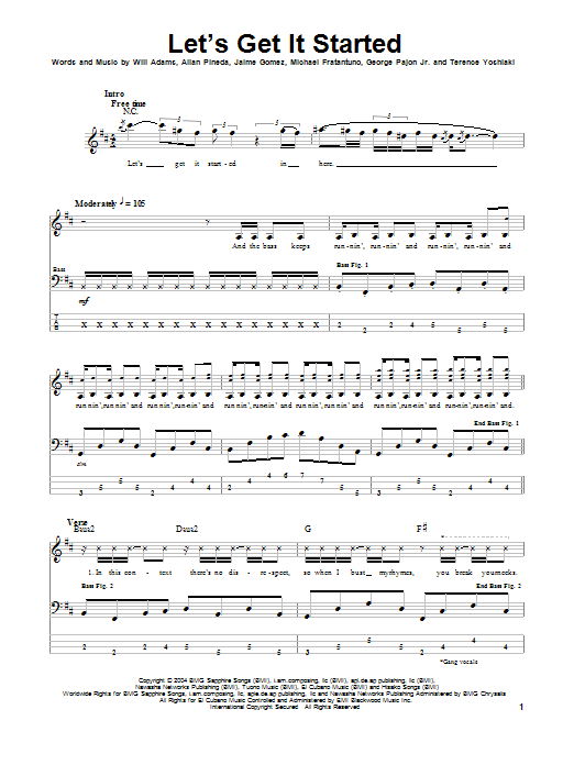 Download The Black Eyed Peas Let's Get It Started Sheet Music and learn how to play Bass Guitar Tab PDF digital score in minutes