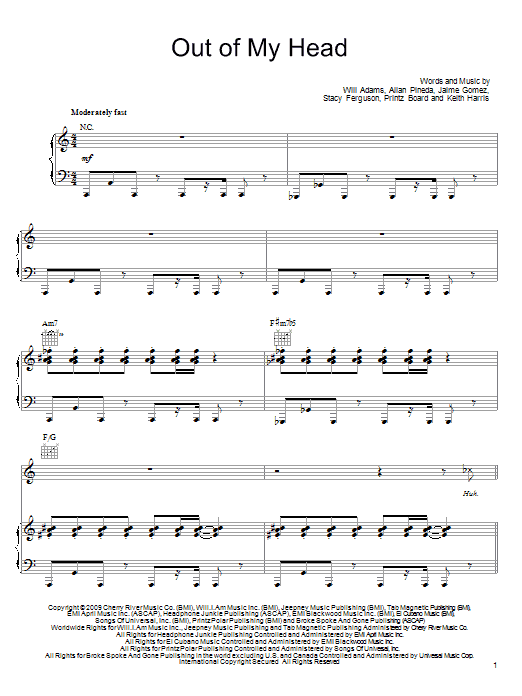 Download The Black Eyed Peas Out Of My Head Sheet Music and learn how to play Piano, Vocal & Guitar (Right-Hand Melody) PDF digital score in minutes