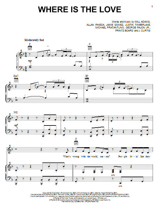 Download The Black Eyed Peas Where Is The Love Sheet Music and learn how to play Piano, Vocal & Guitar (Right-Hand Melody) PDF digital score in minutes