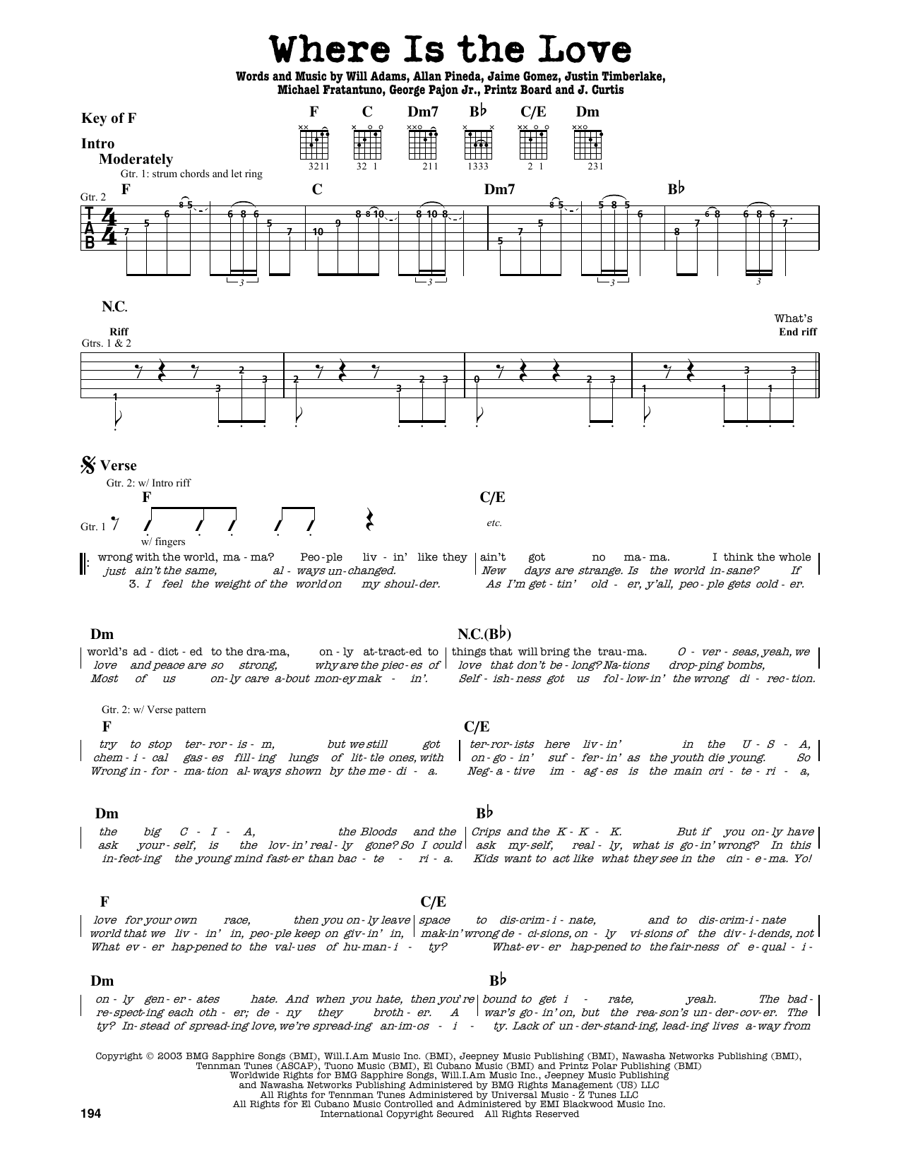 Download The Black Eyed Peas Where Is The Love? Sheet Music and learn how to play Guitar Lead Sheet PDF digital score in minutes