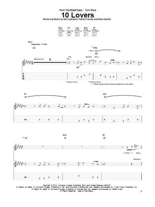 Download The Black Keys 10 Lovers Sheet Music and learn how to play Guitar Tab PDF digital score in minutes