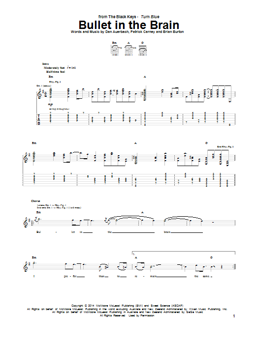 Download The Black Keys Bullet In The Brain Sheet Music and learn how to play Guitar Tab PDF digital score in minutes
