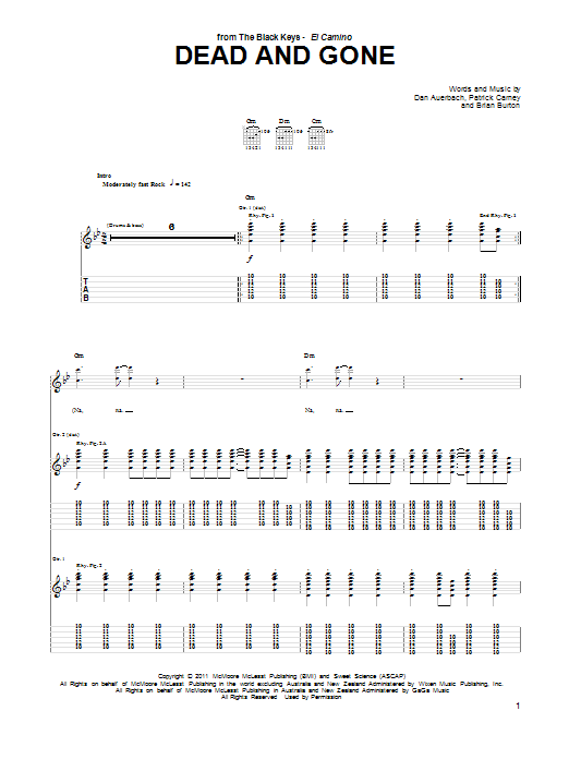 Download The Black Keys Dead And Gone Sheet Music and learn how to play Guitar Tab PDF digital score in minutes