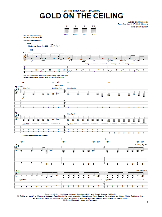 Download The Black Keys Gold On The Ceiling Sheet Music and learn how to play Guitar Tab Play-Along PDF digital score in minutes