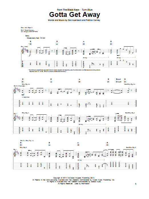 Download The Black Keys Gotta Get Away Sheet Music and learn how to play Guitar Tab PDF digital score in minutes