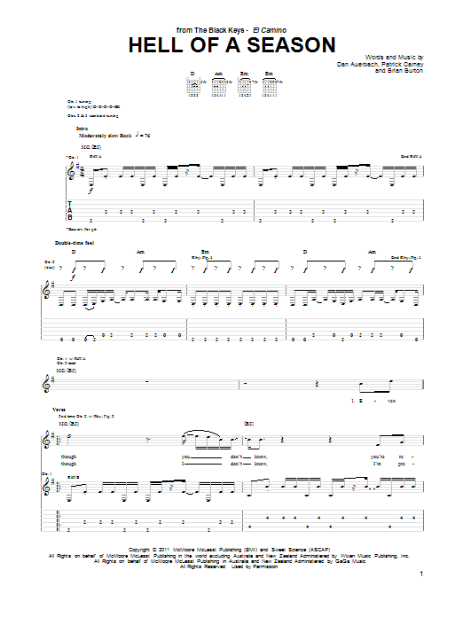 Download The Black Keys Hell Of A Season Sheet Music and learn how to play Guitar Tab PDF digital score in minutes