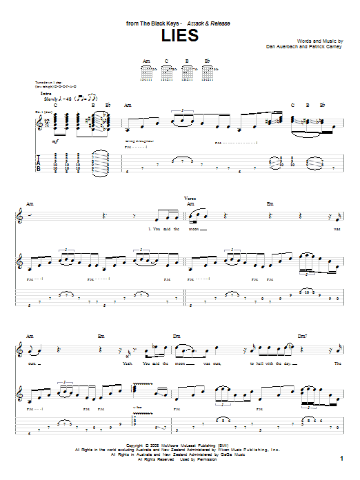 Download The Black Keys Lies Sheet Music and learn how to play Guitar Tab PDF digital score in minutes
