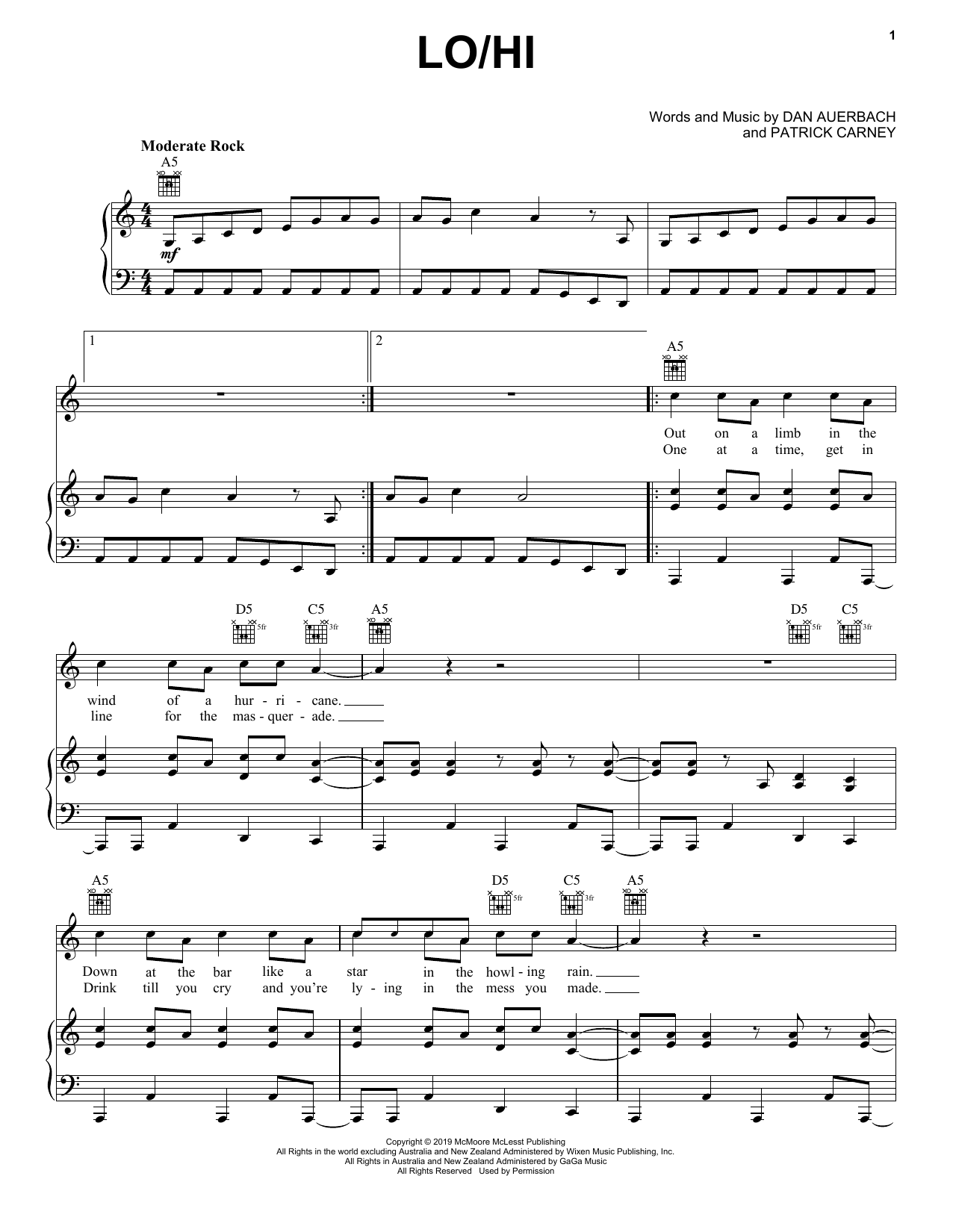 Download The Black Keys Lo/Hi Sheet Music and learn how to play Big Note Piano PDF digital score in minutes