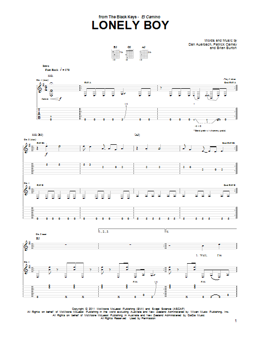 Download The Black Keys Lonely Boy Sheet Music and learn how to play Drums Transcription PDF digital score in minutes