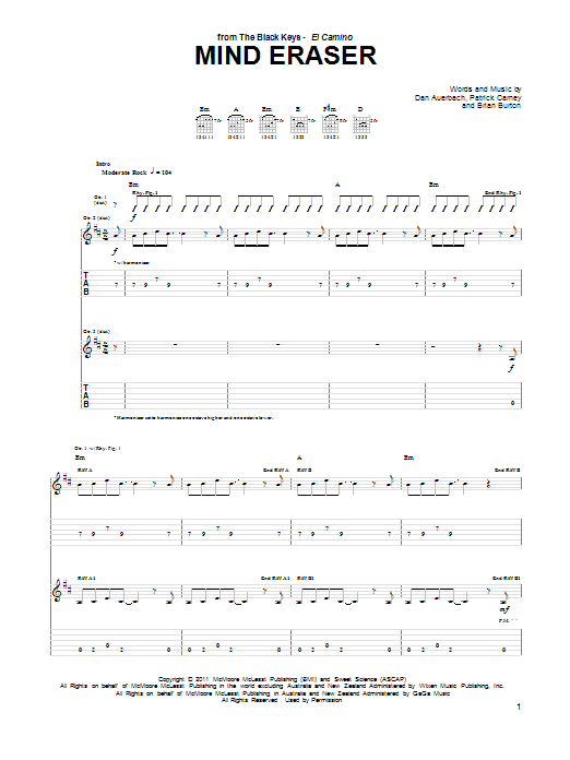 Download The Black Keys Mind Eraser Sheet Music and learn how to play Guitar Tab PDF digital score in minutes