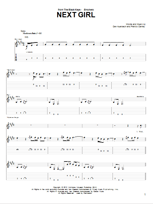 Download The Black Keys Next Girl Sheet Music and learn how to play Guitar Tab PDF digital score in minutes