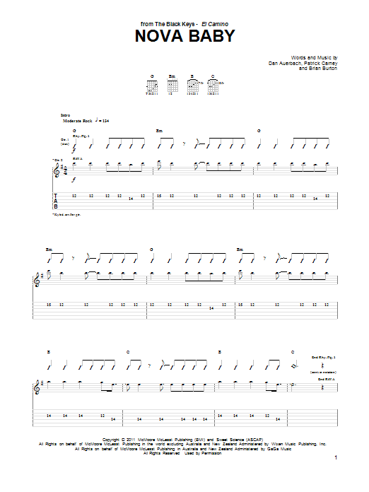 Download The Black Keys Nova Baby Sheet Music and learn how to play Guitar Tab PDF digital score in minutes