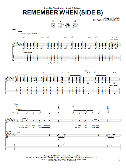 Download The Black Keys Remember When (Side B) Sheet Music and learn how to play Guitar Tab PDF digital score in minutes