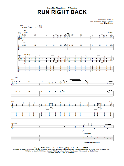 Download The Black Keys Run Right Back Sheet Music and learn how to play Guitar Tab PDF digital score in minutes