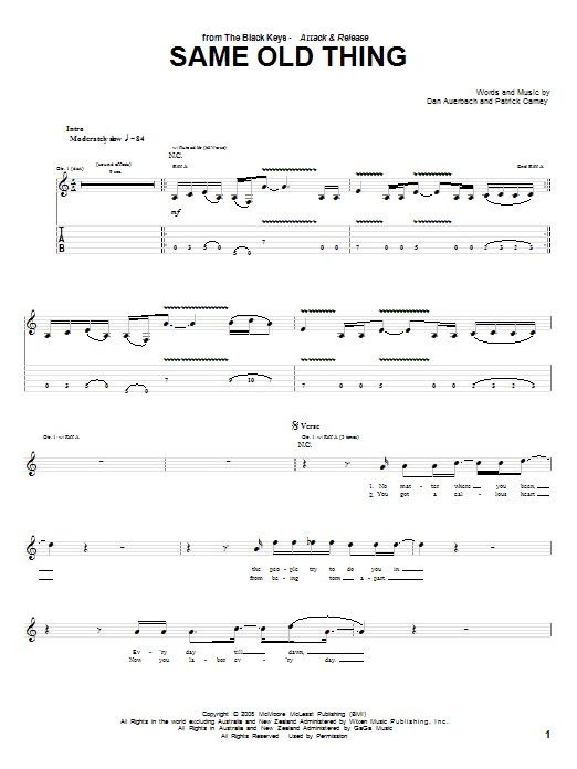 Download The Black Keys Same Old Thing Sheet Music and learn how to play Guitar Tab PDF digital score in minutes