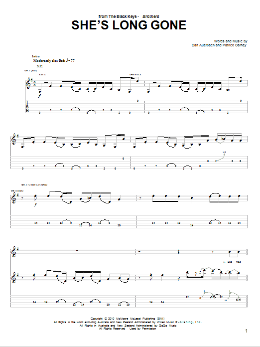 Download The Black Keys She's Long Gone Sheet Music and learn how to play Guitar Tab PDF digital score in minutes